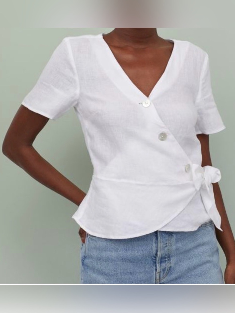 H&M White Linen Wrap Button Short Sleeve Top